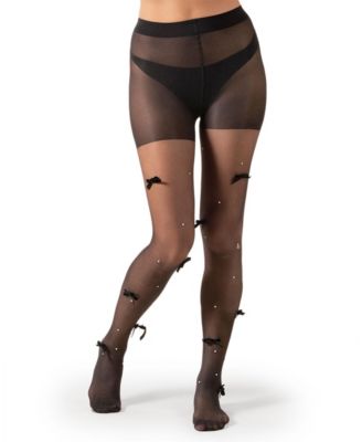 Women's Sheer Fashion Velvet Bows and Faux Pearl Studded Tights