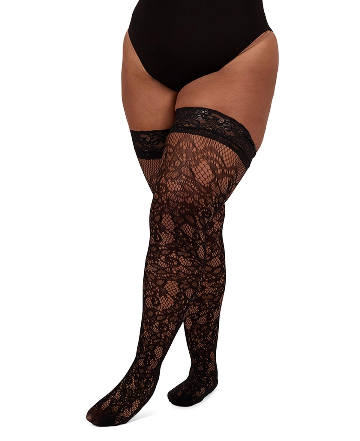 MeMoi Plus Size Net Swirl-Pattern Thigh High Stockings