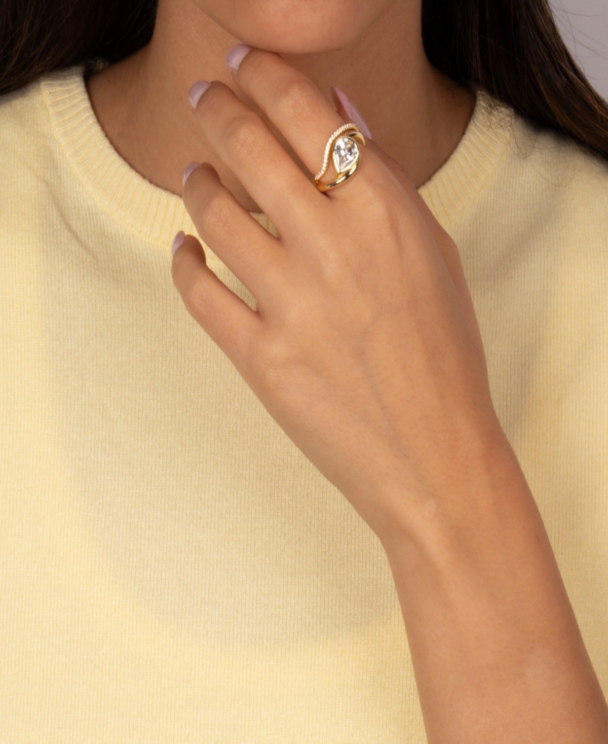 by Adina Eden Cubic Zirconia Gold Plated Sideway Pear Enclosed Ring