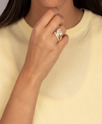 Cubic Zirconia Gold Plated Emerald Bezel Double Row Ring