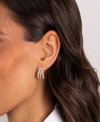 Cubic Zirconia Gold Plated Pave Triple Cage Stud Earrings