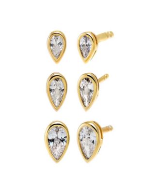 Cubic Zirconia Graduated Pear Bezel Gold Plated Stud Earring Combo Set