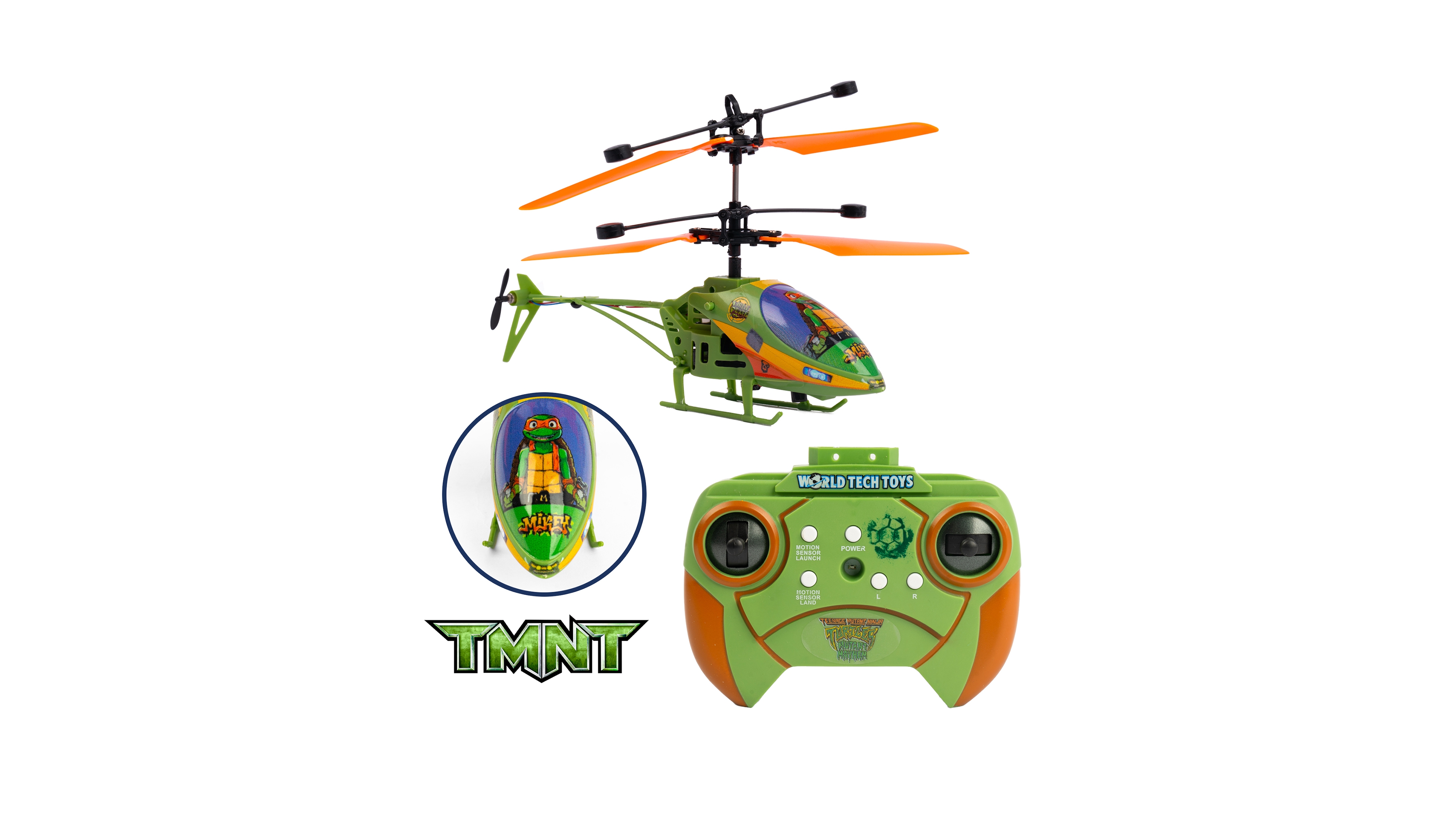 World Tech Toys Teenage Mutant Ninja Turtles Mutant Mayhem Michelangelo 2CH Ir Helicopter