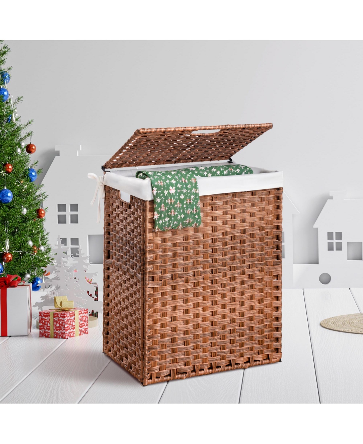 Lovmor Laundry Hamper With Lid Pe Rattan Powder Coating Frame Clothes Hampers with 01 Removable Bags, 100L