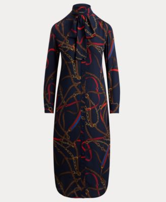 Women's Printed Tie-Neck Shirt Dress