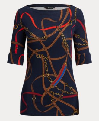 Women's Belting Print Boat Neck T-Shirt