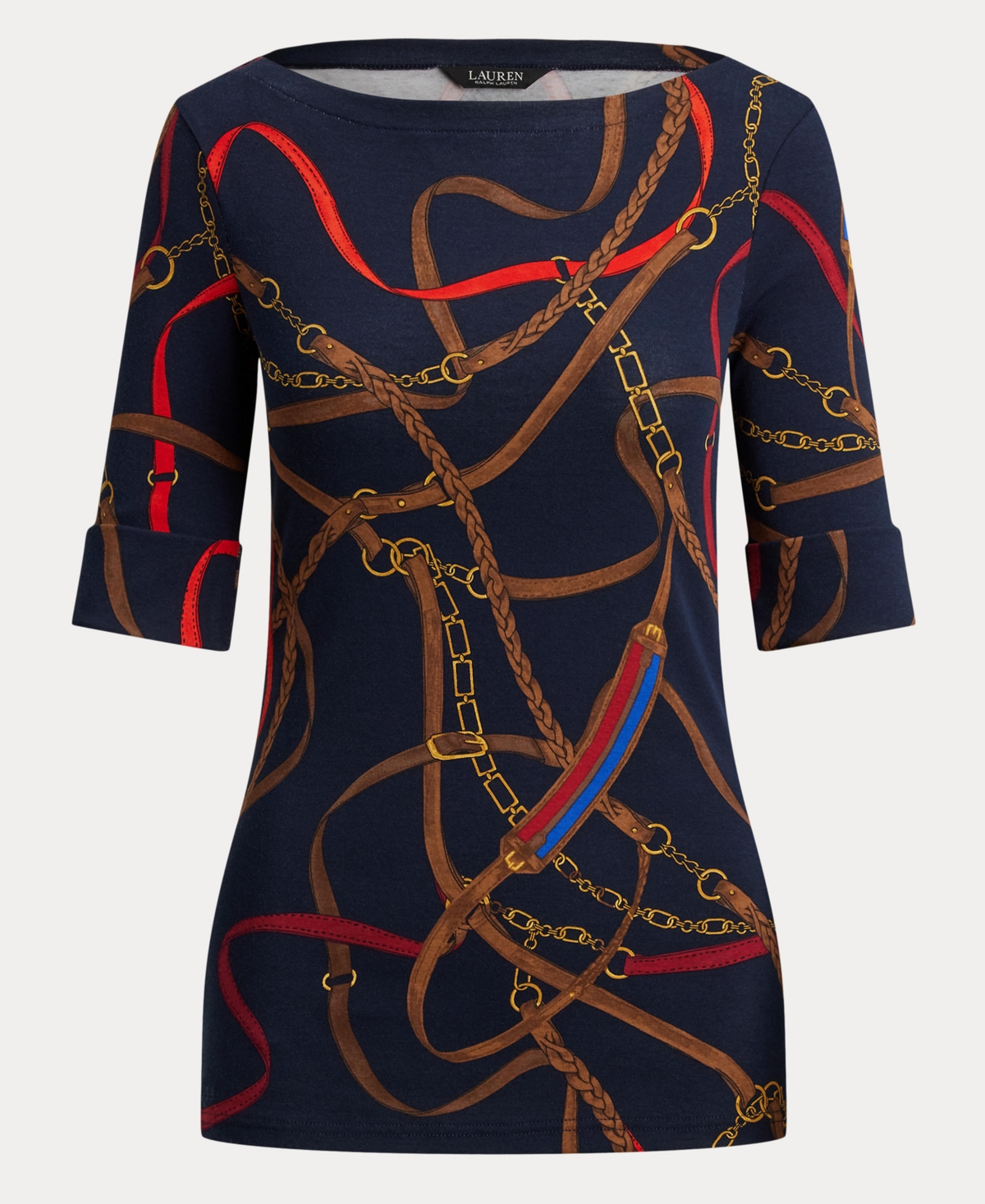 Lauren Ralph Women's Belting Print Boat Neck T-Shirt