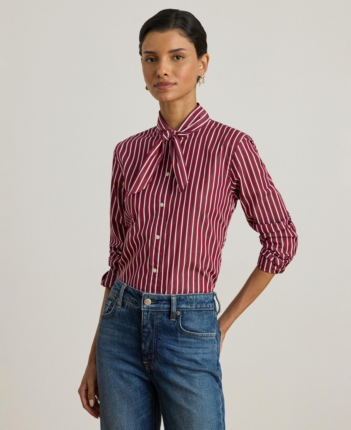 Lauren Ralph Women's Striped Broadcloth Tie-Neck Shirt