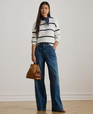 Women's Striped Rib-Knit Cotton Crew Neck Sweater