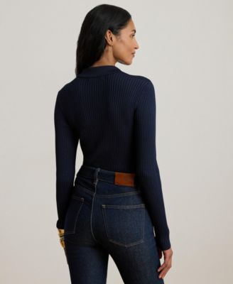 Women's Rib-Knit Long-Sleeve Polo Sweater