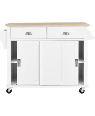 Rubber Wood Kitchen Cart with Drop Leaf, Sliding Barn Door and 2 Drawers