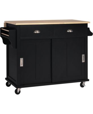 Rubber Wood Kitchen Cart with Drop Leaf, Sliding Barn Door and 2 Drawers