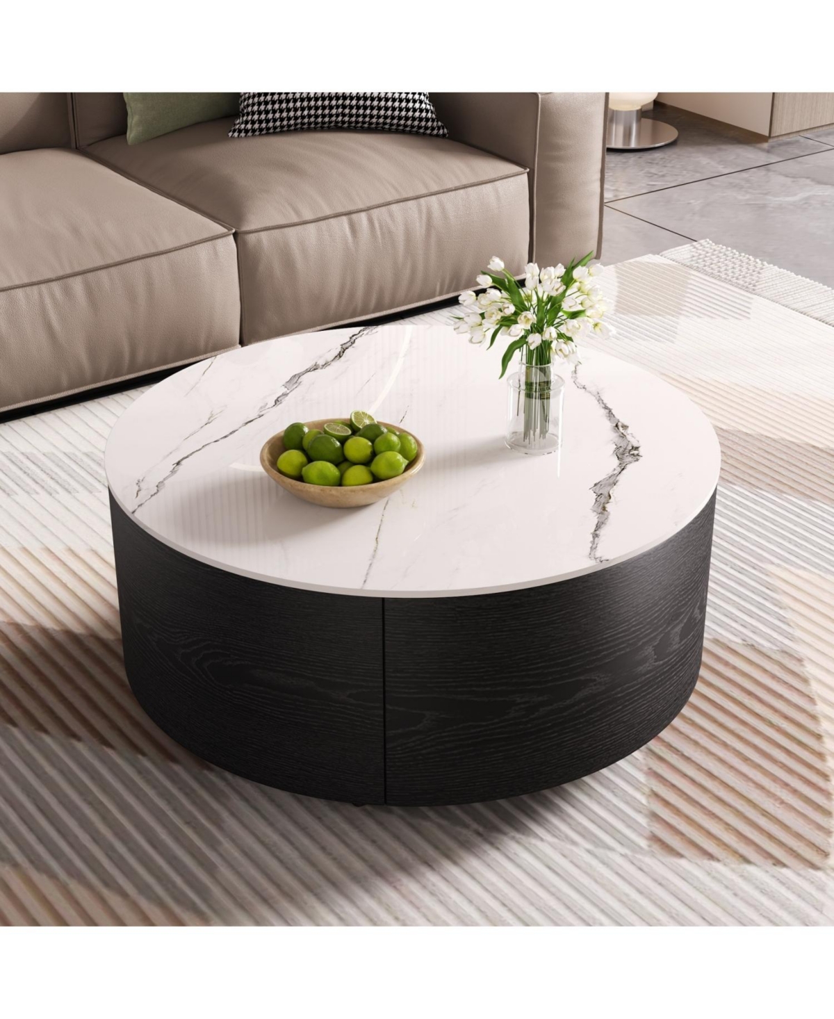Streamdale Furniture Streamdale Modern Round Coffee Table with Casters & 2 Drawers Marble Top