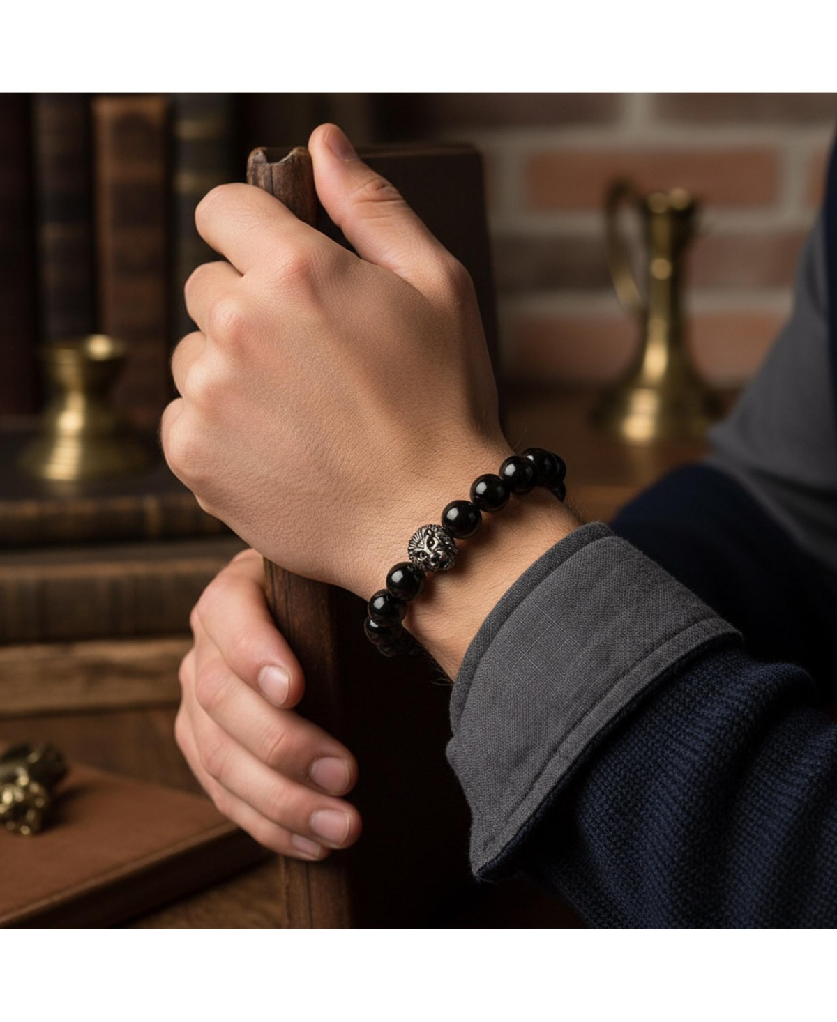 Bling Jewelry Set of 2 Lion Face Natural Onyx Tiger Eye & Lava Rock Bead Stretch Bracelet Gold Plated