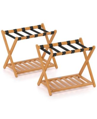 Luggage Racks Set of 2 with Storage Shelf &amp; 5 Nylon Straps Luggage Holder