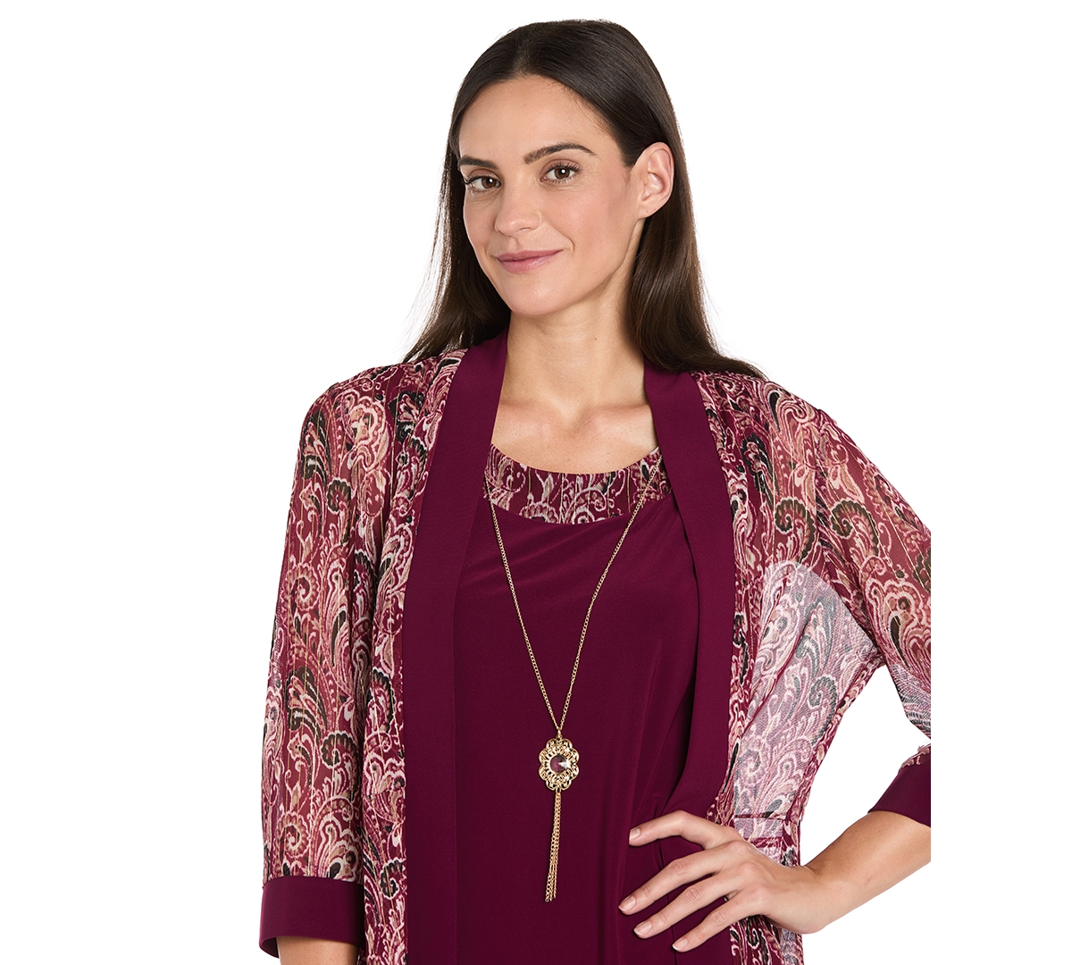 R & M Richards Women's 2-piece Paisley Printed Jacket With Necklace And Dress In Burgundy
