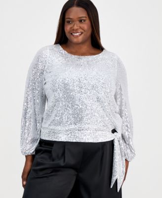 Plus Size Sequin Blouson-Sleeve Top