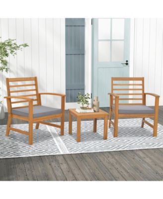 3PCS Furniture Set Acacia Wood Conversation Set w/ Soft Seat Cushions Outdoor Gray
