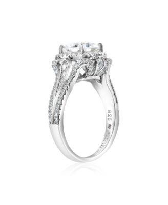 Suzy Levian Sterling Silver Cubic Zirconia Cushion Cut Center Stone Lotus Ring