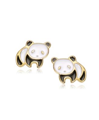 14K Gold Plated with White & Black Enamel Charming Panda Earrings For Kids