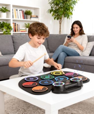 Colorful Roll-Up Electronic Drum Set with Flashing Lights, Dual Speakers & Headphone Jack for Kids