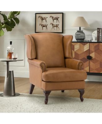 Helmuth Genuine Leather Wingback Armchair with Solid Wood Legs
