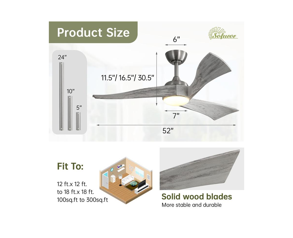 Sofucor 52-inch Sand Nickel Modern 3 Blades Ceiling Fan Light with Remote Control Support Six Speed Ajustable