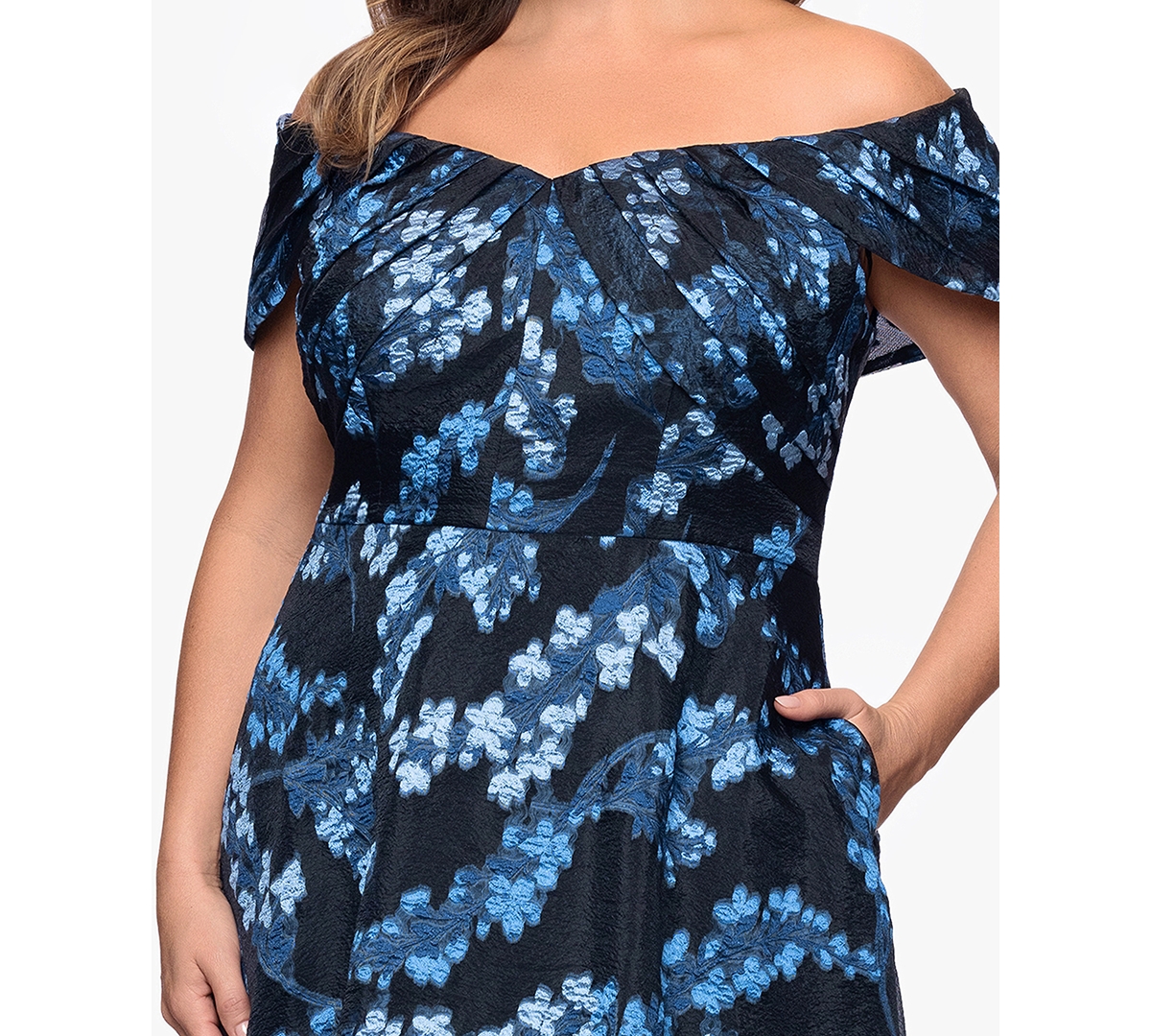 Betsy & Adam Plus Off-The-Shoulder Long Dress