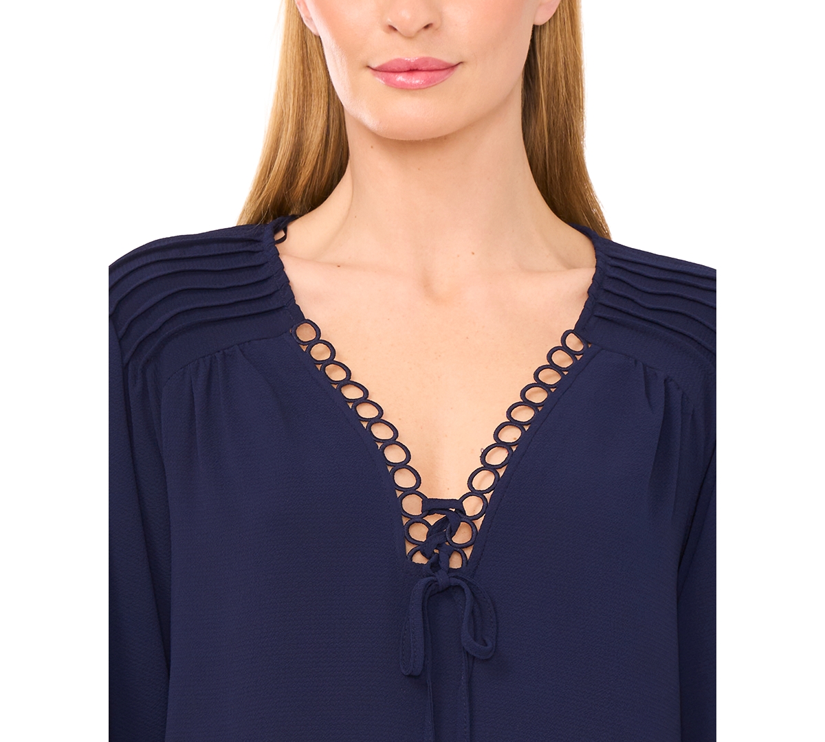 Cece Women's Circular Trim Pin-tuck Long Sleeve Blouse In Blue