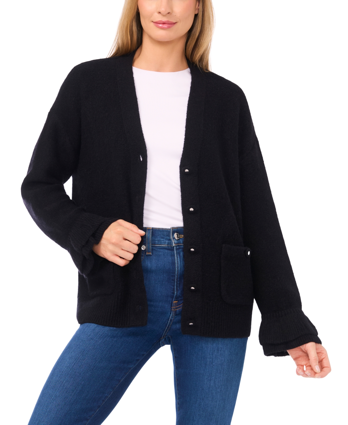 Cece Women's V-neck Ruffle Cuff Cardigan Sweater In Black