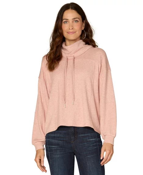 Petite Cowl Neck Ties Mix Media Knit Top - Heather Dusty Pink