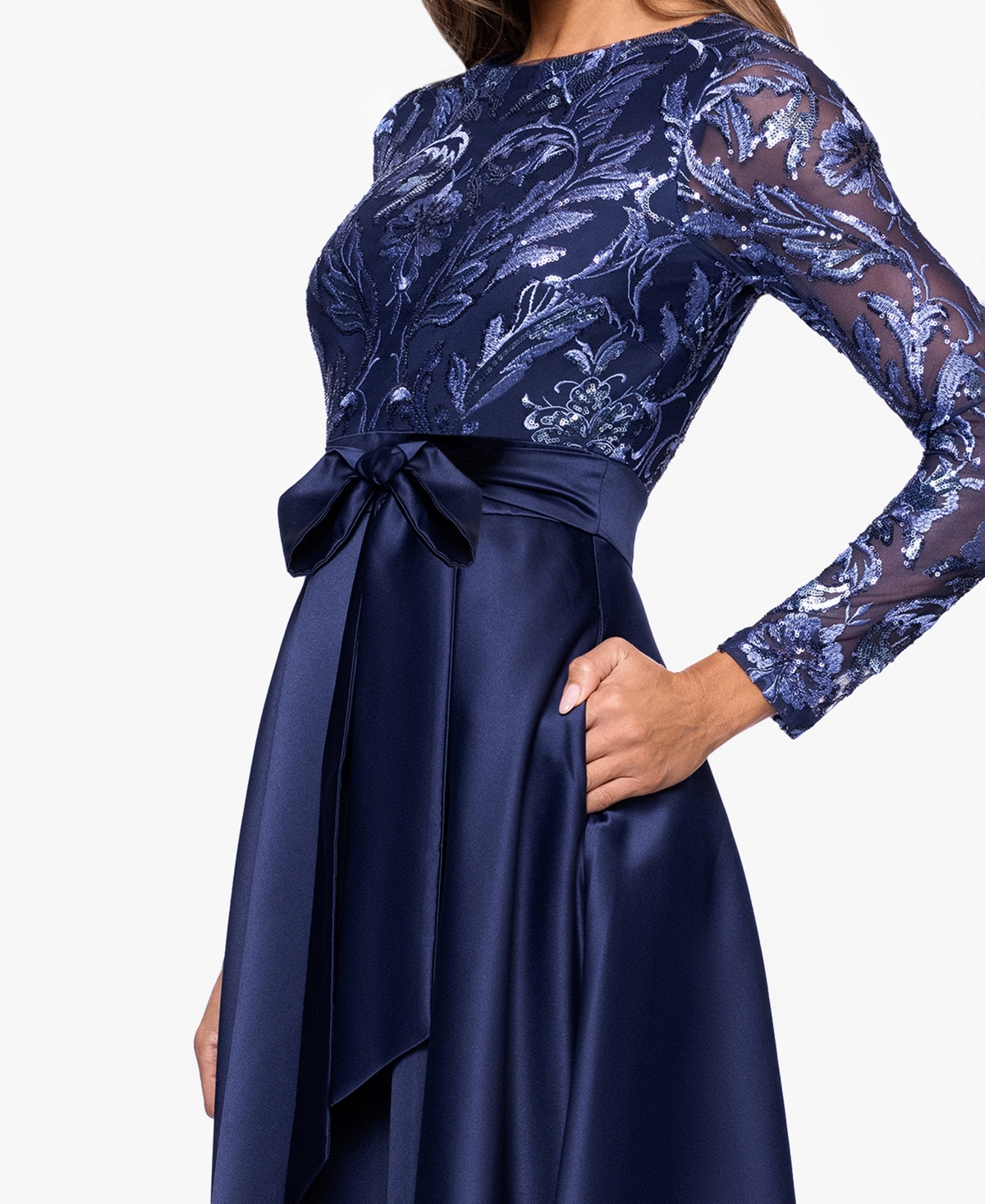 Xscape Women's Boat Neck Sequin Mesh Long Ball Gown In Blue