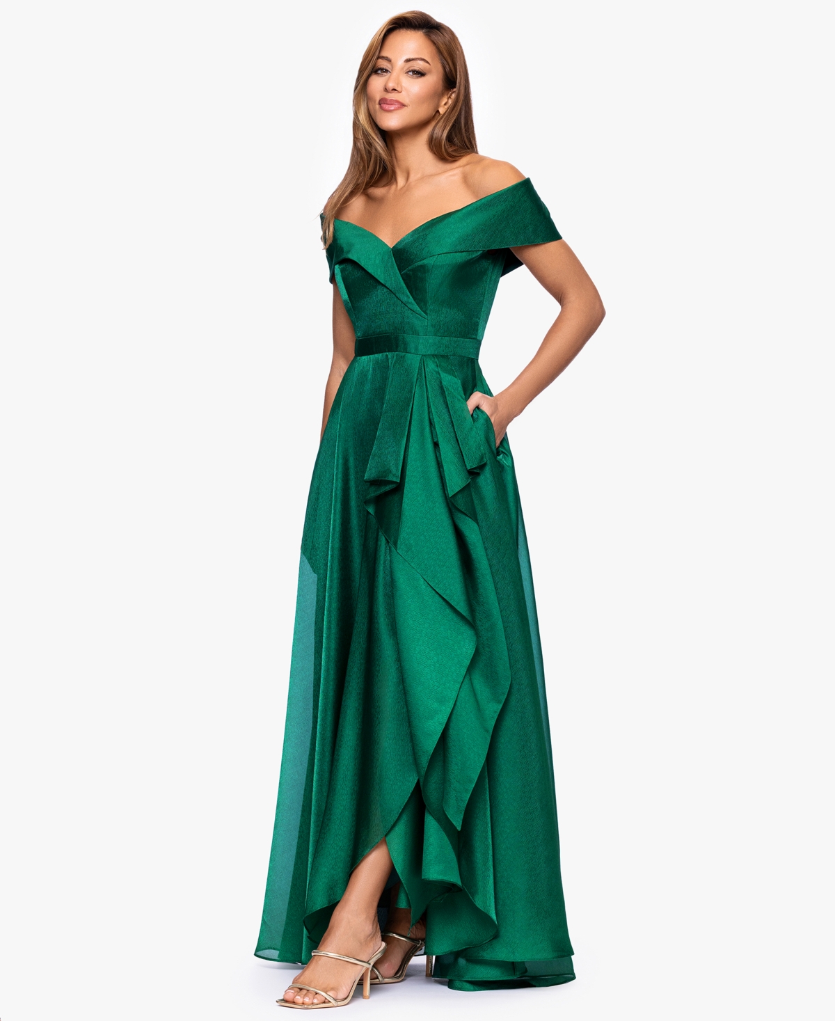 Xscape Women's Sweetheart Neck Off-The-Shoulder Ruffle Long Dress