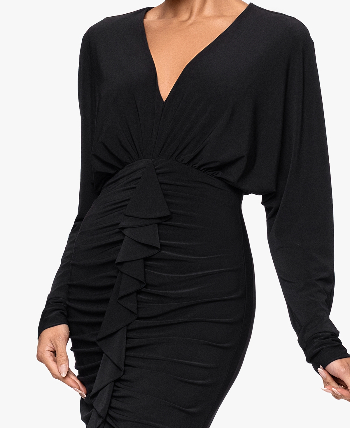 Xscape Women's V-Neck Ruched Asymmetrical Hemline Long Dress