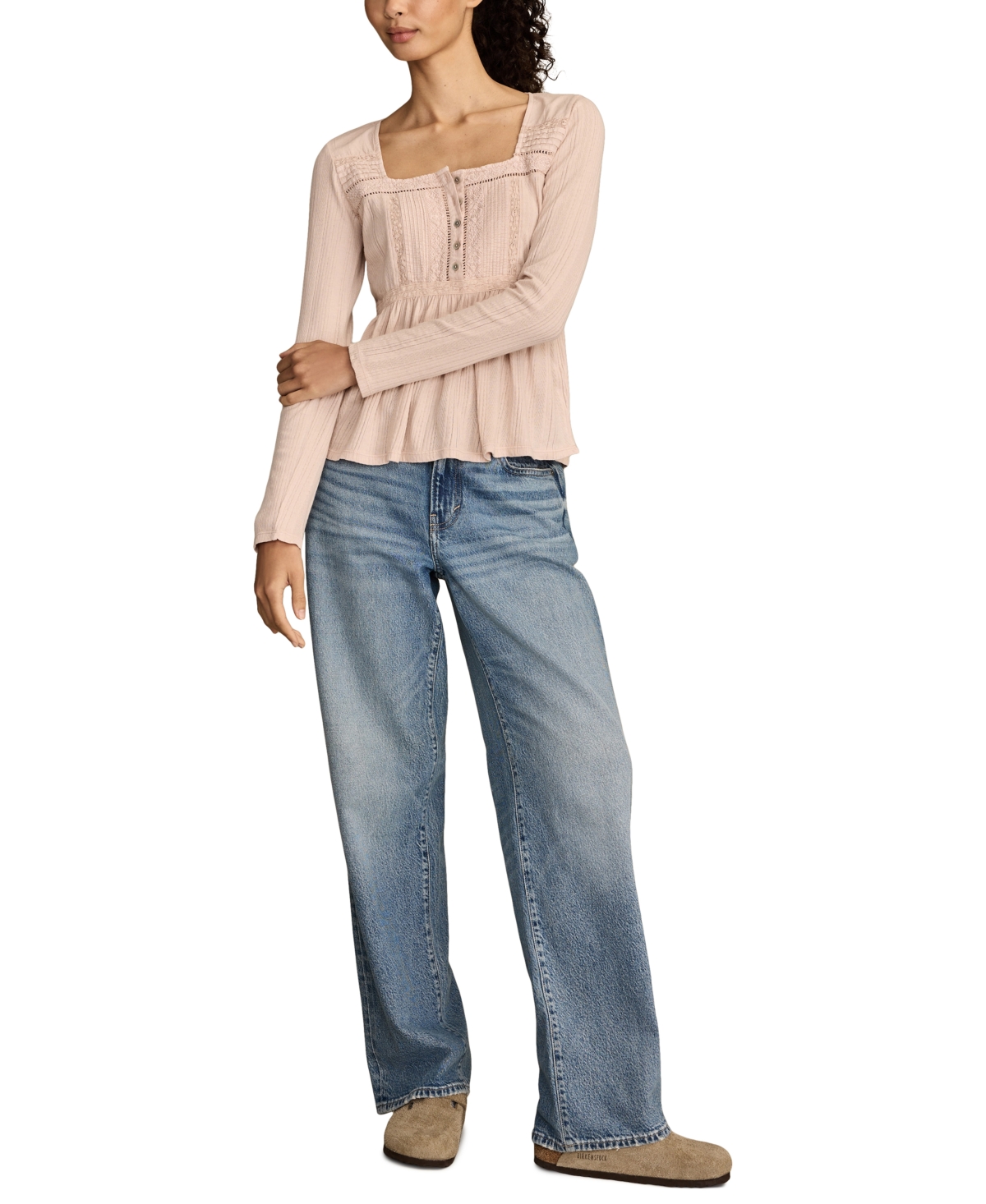 Lucky Brand Embroidered Long Sleeve Peplum Top In Multi