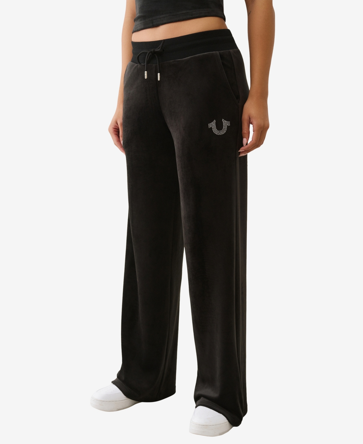 True Religion Women's Crystal Horseshoe Velour Straight Leg Sweatpant In Black
