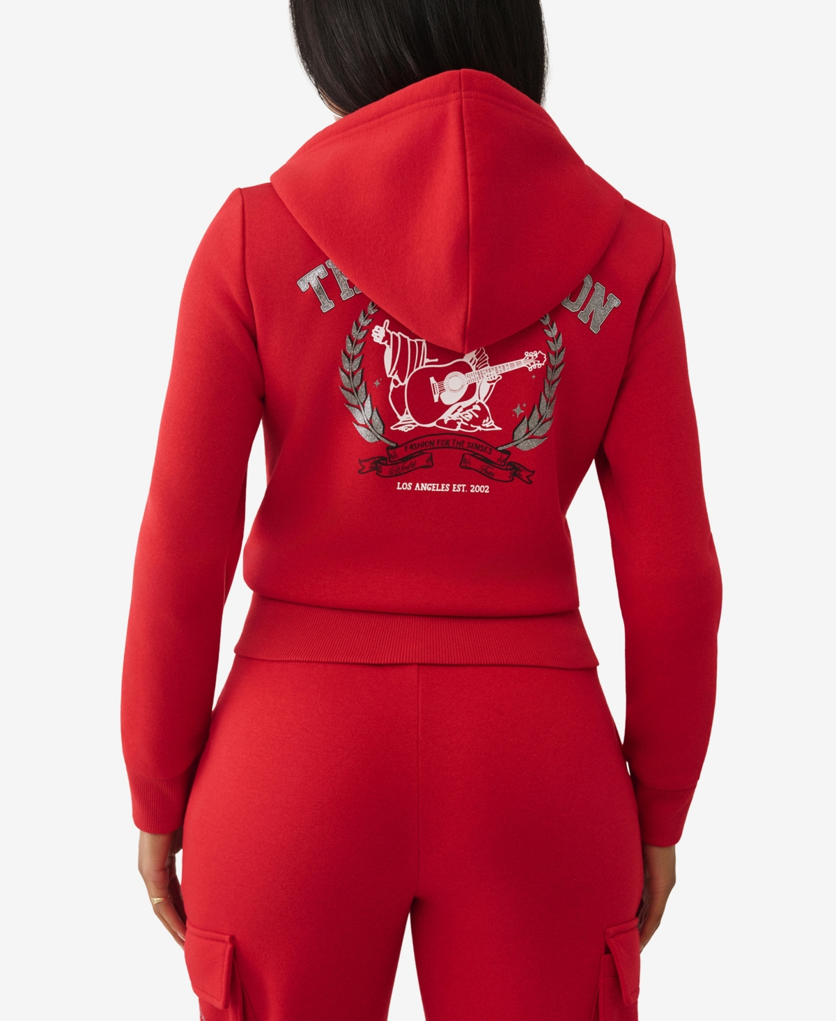 True Religion Women's Metallic Buddha Banner Zip Up Hoodie