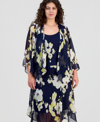 Plus Size Floral Print Open-Front Chiffon Jacket Dress