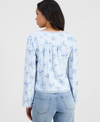 Juniors' Lace-Trim Floral-Print Pintucked Top