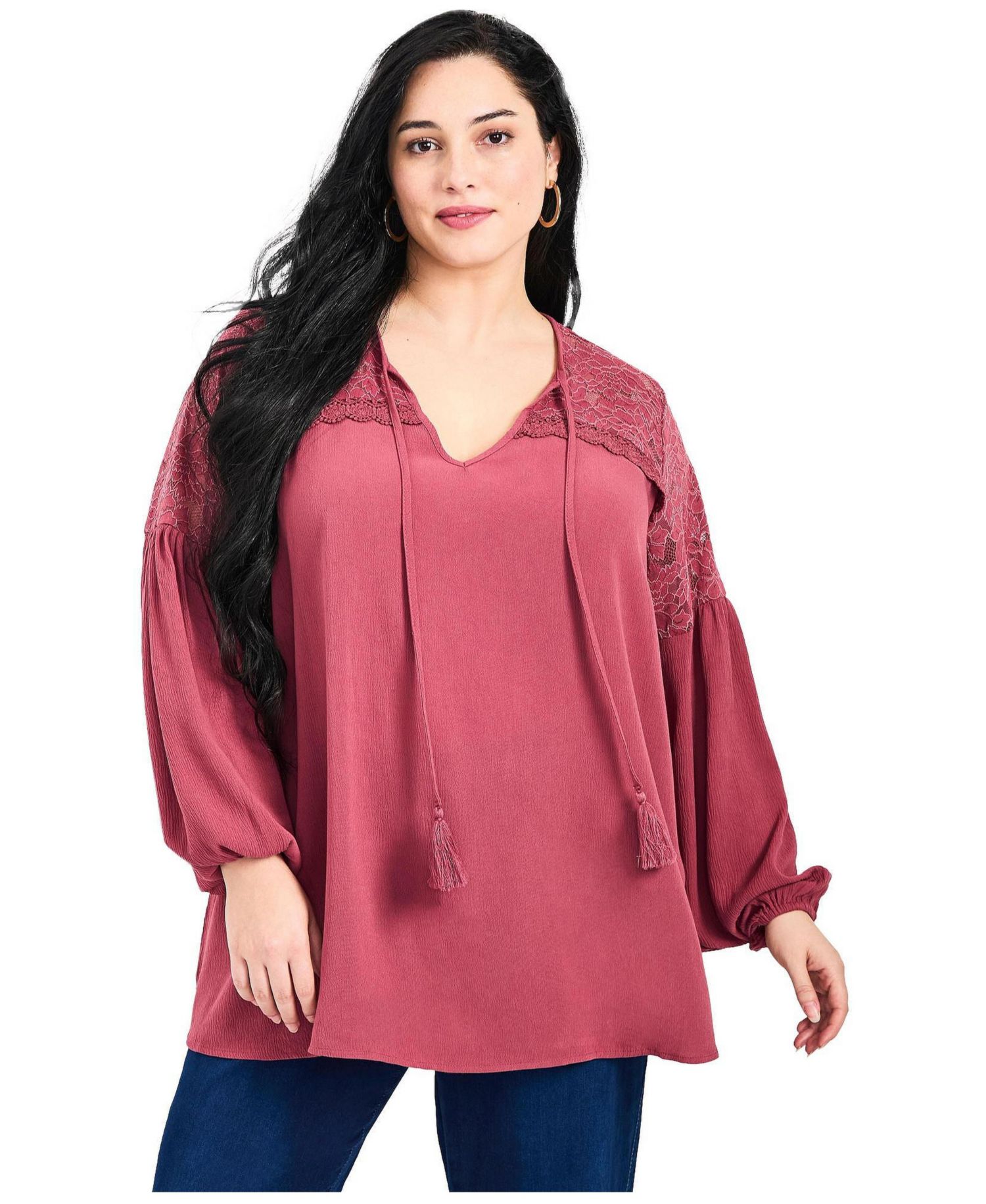 Women's Plus Size Marcie Lace Yoke Long Sleeve Top