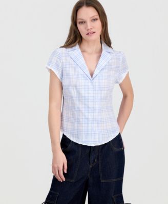 Juniors' Button-Front Printed Cotton Shirt