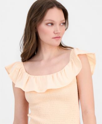 Juniors' Ruffled Smocked Scoop-Neck Top