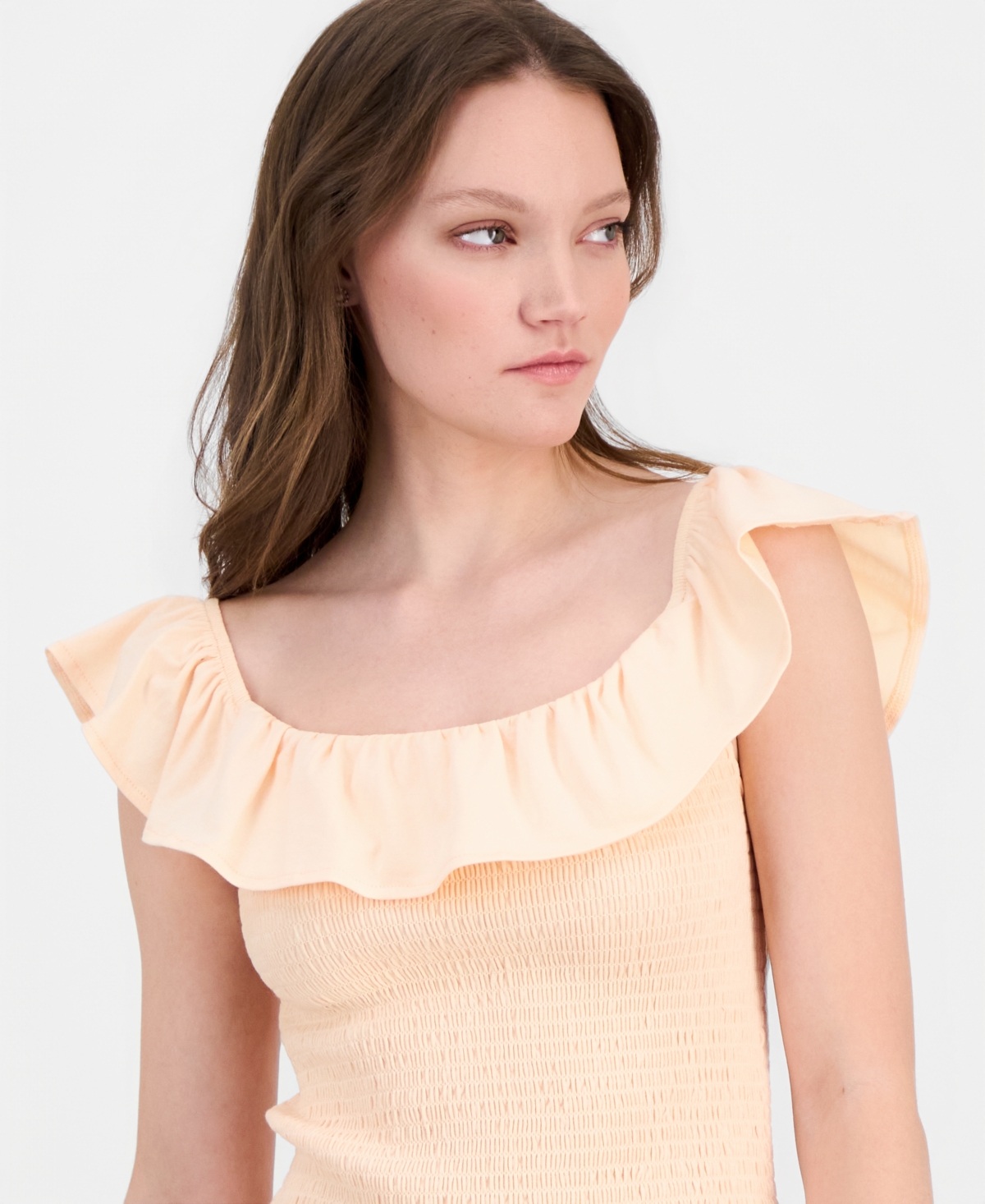 Just Polly Juniors' Ruffled Smocked Scoop-Neck Top