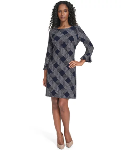 Petite Plaid 3/4-Sleeve Shift Dress - Sky Captain/Sand