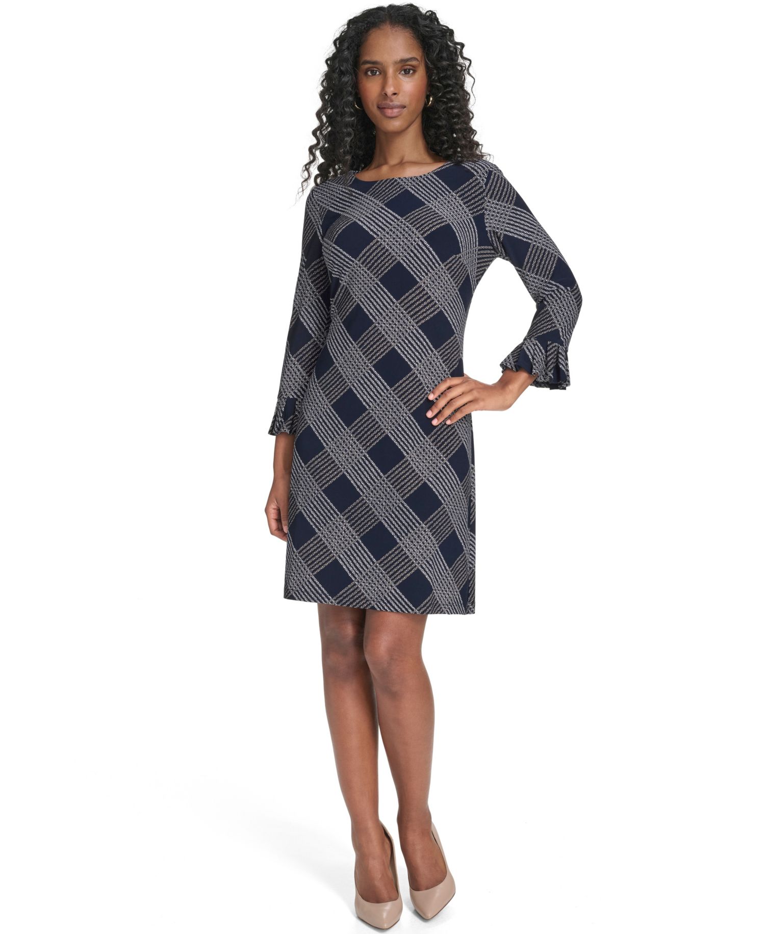 Petite Plaid 3/4-Sleeve Shift Dress