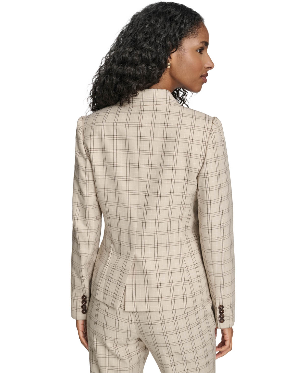 Tommy Hilfiger Women's Plaid Puff Sleeve One Button Blazer Jacket In Brown