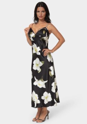 Womens Printed Satin V-Neck Maxi Dress
