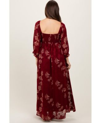 Maternity Burgundy Multi Floral Textured Peasant Babydoll Maxi Dress