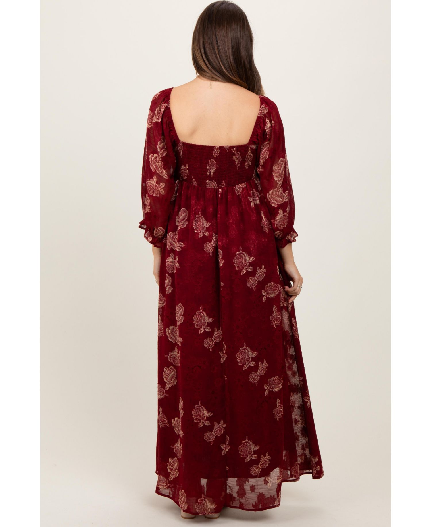 Women's Burgundy Multi Floral Textured Peasant Babydoll Maxi Dress