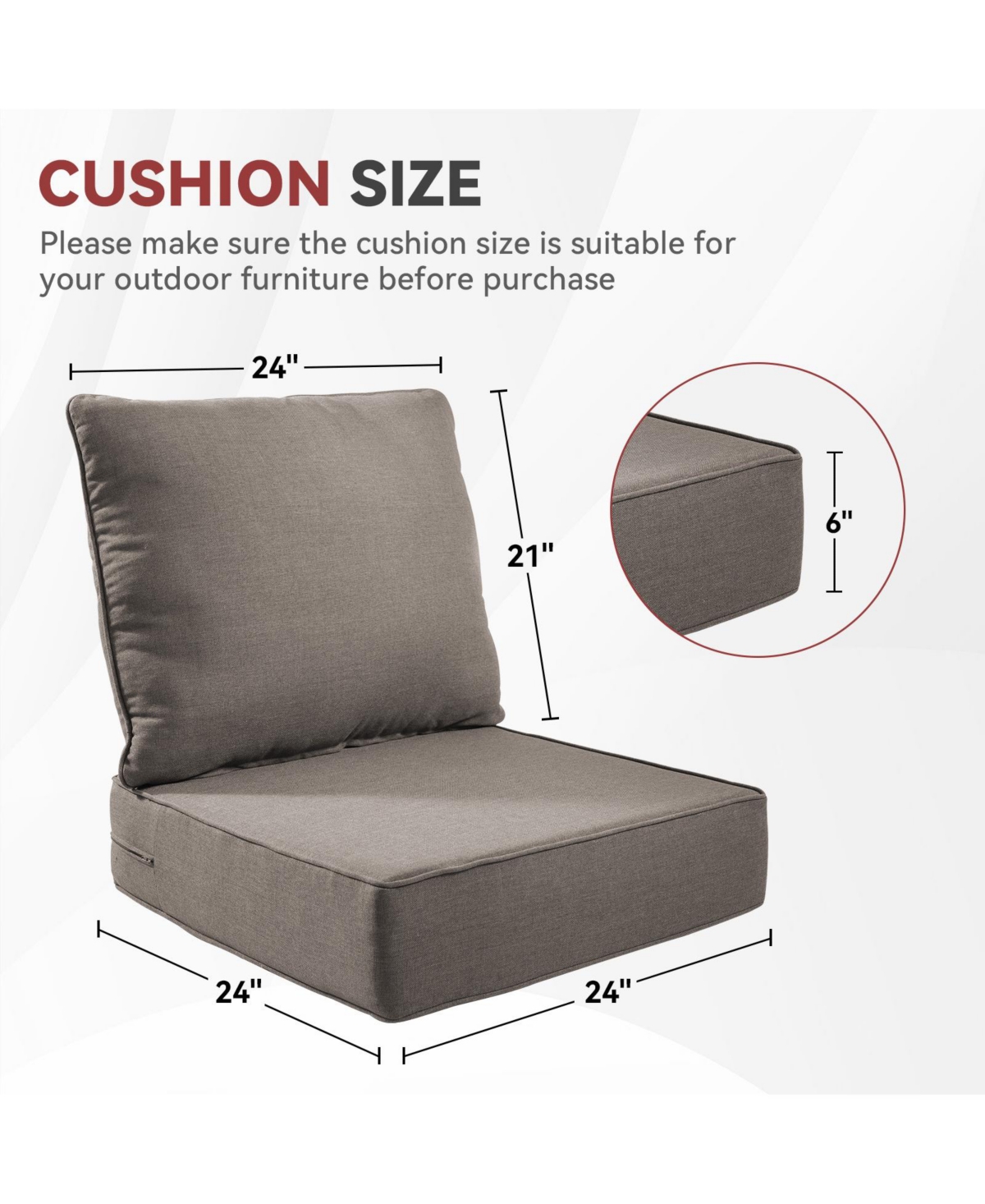Gymojoy PlushCore 24 in. x 6 Olefin 2-Piece Deep Seating Outdoor Lounge Chair Sofa Cushion